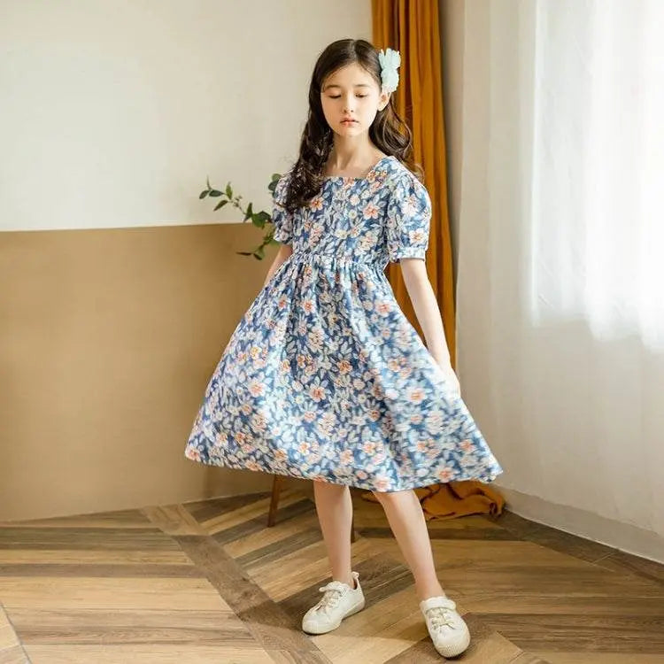 Girls Print Floral Puff Sleeve Dress Blue 110cm to 160cm 