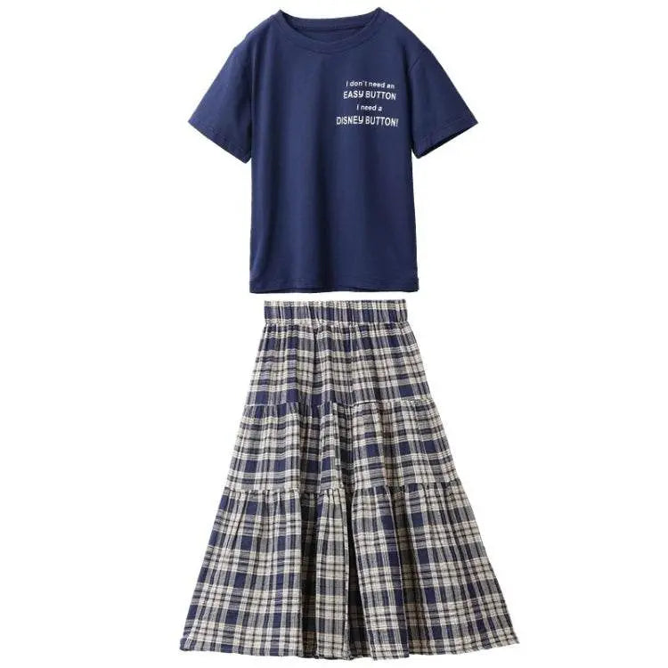 Girls Short Sleeve Plaid Skirt Two-piece Suit 110-160 Fashion