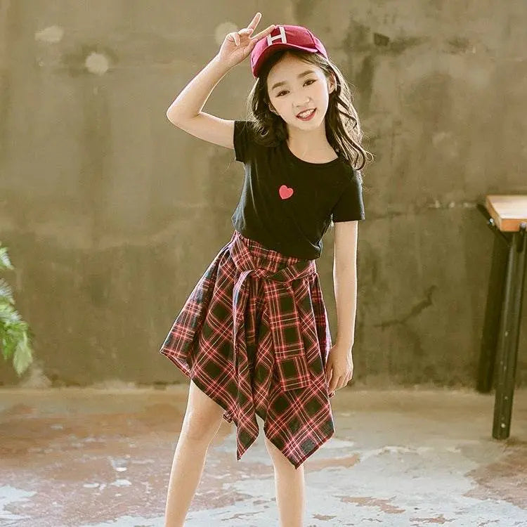 Girls Short Sleeve Top And Skirt Two-piece Suit 110-170 Stylish Summer Set