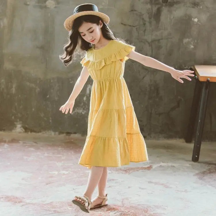 Girls Short-Sleeved Dark Jacquard Cotton Round Neck Ruffle Dress 120-165