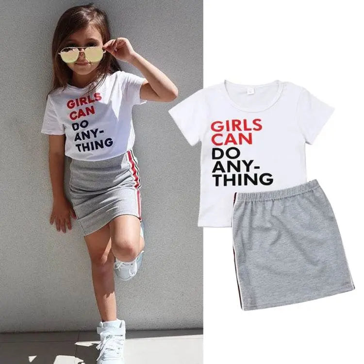 Girls Summer Letter T-Shirt Striped Lace Skirt Suit White 130cm