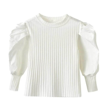 Girls Western Style Long Sleeve T Shirt For Everyday Casual Wear - White Ribbed Cotton Top With Puff Sleeves