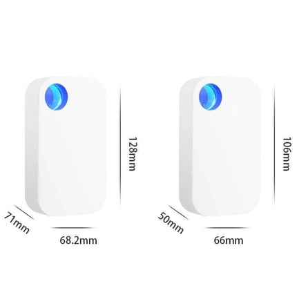 GL-130 Home Wall-Mounted Air Purifier With LED Light compact white wall-mounted purifier with blue LED, dimensions shown (128mm x 68.2mm/106mm x 66mm)