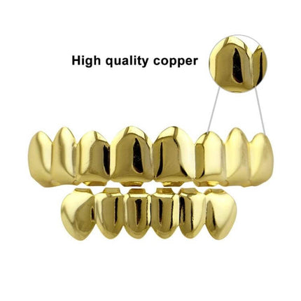 Gold Tooth Set With Real Gold Plating For Hip Hop And Cosplay - shiny copper-based grill set for men and women, polished metallic costume accessory