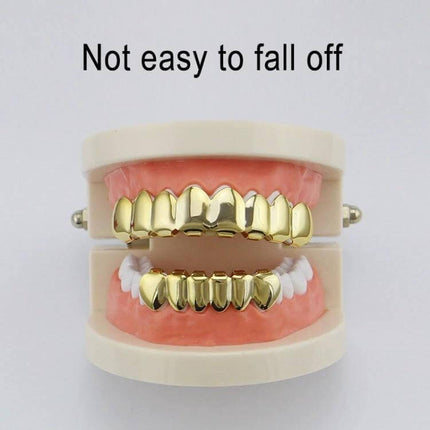 Gold Tooth Set With Real Gold Plating For Hip Hop And Cosplay shown on dental model, polished copper base gold-plated grill for cosplay and stage use