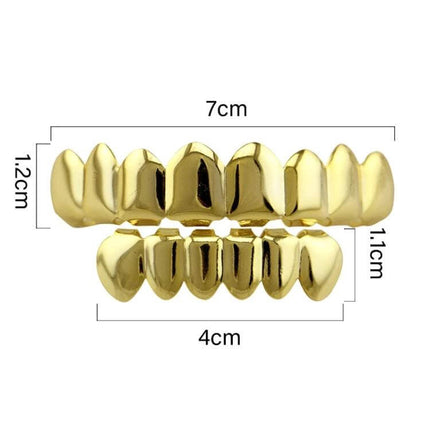 Gold Tooth Set With Real Gold Plating For Hip Hop And Cosplay - shiny copper-base gold-plated grill set measuring 7cm x 1.2cm top, 4cm x 1.1cm bottom
