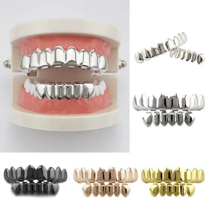 Gold Tooth Set With Real Gold Plating For Hip Hop And Cosplay - metallic dental grill set on model teeth in silver, black, rose gold, and gold options
