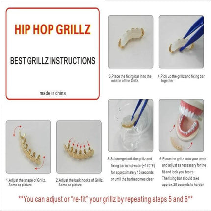 Gold Tooth Set With Real Gold Plating For Hip Hop And Cosplay instructional image showing steps to fit and adjust grillz for a metallic smile