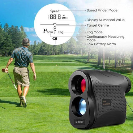Golf Laser Range Finder 5-600m For Distance To Flag Or Green showing display modes and golfer on fairway