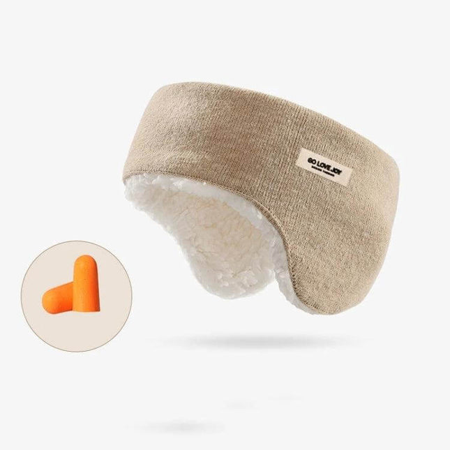 Golovejoy Beige Winter Warm Earmuffs Set With Earplugs And Sleep Mask soft fleece-lined beige earmuffs with orange earplugs