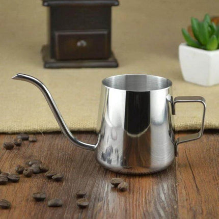 Gooseneck Hand Drip Coffee Pot 250ml For Pour-Over Brewing stainless steel gooseneck kettle on wooden table with coffee beans