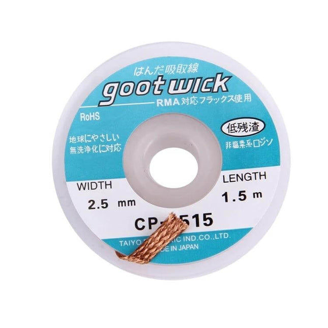 Goot Desoldering Wick 2.5mm Width, 1.5m Length For Repairs - copper braid for PCB solder removal and rework