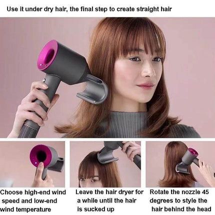 Gray Anti-Lifting Nozzle For Dyson Hair Dryer Accessory shown on model for salon-like smooth, reduced frizz, focused airflow and faster even drying