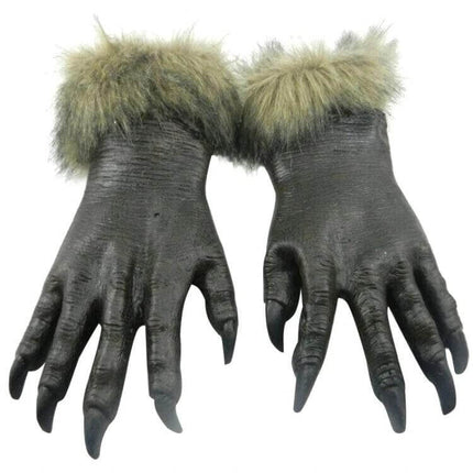 Halloween Latex Wolf Gloves Gray for Costume Parties and Masquerades - gray latex werewolf gloves with fur cuffs for Halloween and masquerade costumes