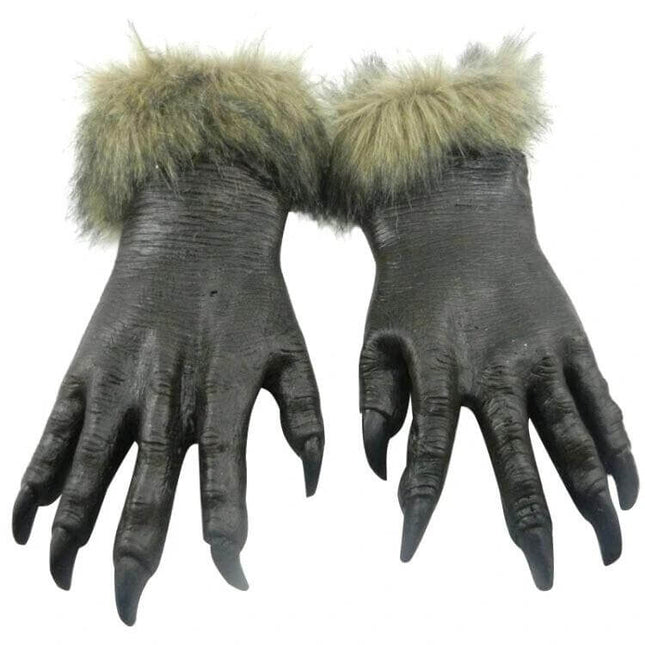 Halloween Latex Wolf Gloves Gray for Costume Parties and Masquerades - gray latex werewolf gloves with fur cuffs for Halloween and masquerade costumes