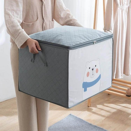 Nonwoven Clothing Storage Bag Gray 50x42x39 cm For Closet - Gray nonwoven foldable storage box with translucent panel and bear print, used for organizing closet