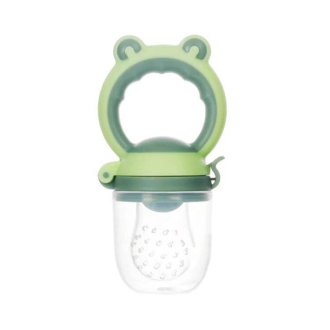 Baby Fruit And Veggie Bite Bag Green For Easy Self Feeding soft silicone feeder with non-slip ring handle, sealed dust cover and safety elastic lock