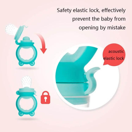 Baby Fruit And Veggie Bite Bag Green For Easy Self Feeding showcasing safety elastic lock and sealed dust cover for secure self-feeding
