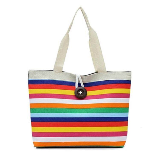 Green Canvas Stripe Shoulder Bag For Everyday Use All Day - lightweight green canvas striped shoulder bag with button closure for errands and commuting