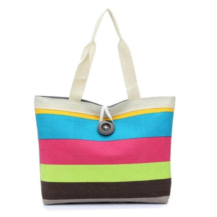 Green Canvas Stripe Shoulder Bag For Everyday Use All Day in colorful striped casual canvas tote with button closure and long shoulder straps