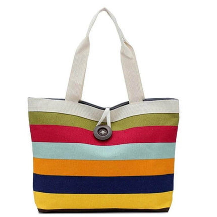 Green Canvas Stripe Shoulder Bag For Everyday Use All Day - colorful striped canvas tote with button closure and cream handles