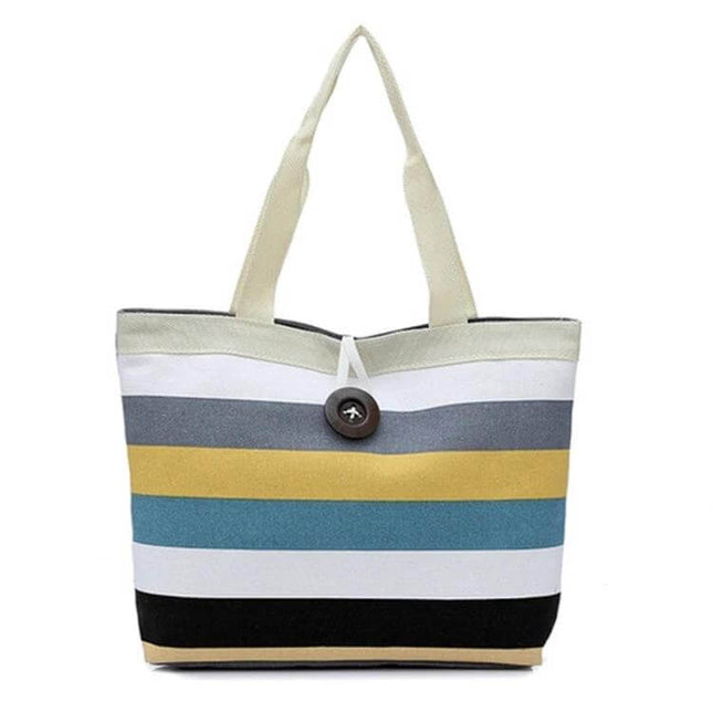 Green Canvas Stripe Shoulder Bag For Everyday Use All Day - lightweight green canvas stripe tote with button closure, pockets for phone wallet keys and notebook