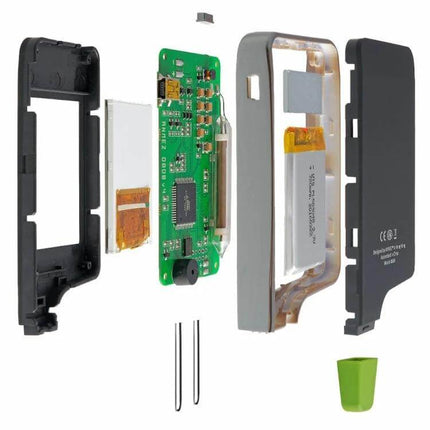 Greentest Food Safety Detector For Nitrate Residues In Produce showing exploded view of internal circuit board, battery, probes and outer casing