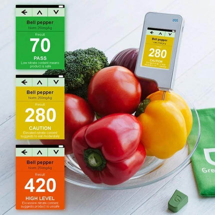 Greentest Food Safety Detector For Nitrate Residues In Produce showing probe testing bell peppers with 70 PASS, 280 CAUTION and 420 HIGH LEVEL readings