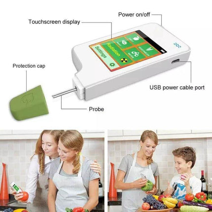 Greentest Food Safety Detector For Nitrate Residues In Produce showing touchscreen, probe with cap, USB port and family checking produce in kitchen