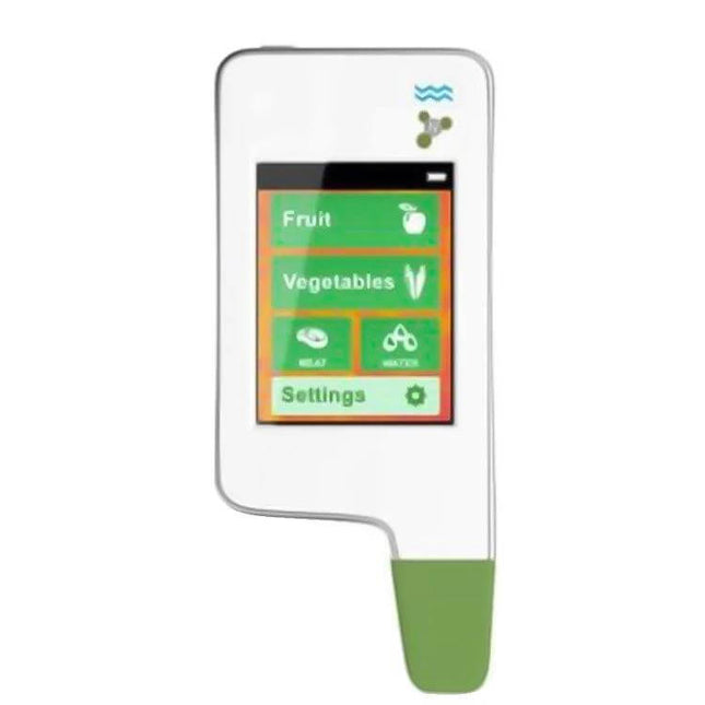 Greentest Food Safety Detector For Nitrate Residues In Produce handheld device with color display showing Fruit Vegetables and Settings