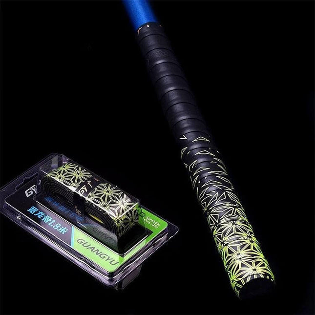 Guangyu Gradient Handle Strap For Fishing Rods Anti Slip 2cm Thick wrapped on fishing rod handle with neon geometric pattern and replacement pack