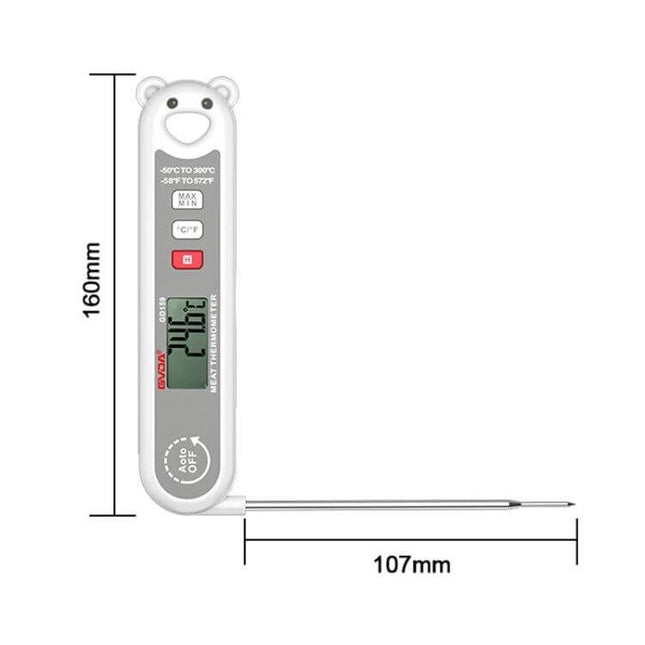GVDA Foldable Digital Thermometer For Food Pocket Sized - white foldable probe thermometer with 160mm body and 107mm probe, LCD display for grilling and baking