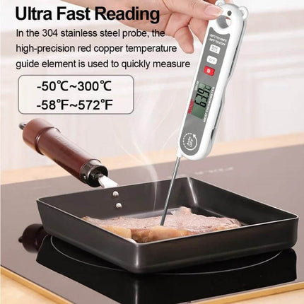 GVDA Foldable Digital Thermometer For Food Pocket Sized in use measuring steak temperature with probe showing digital readout -50°C to 300°C