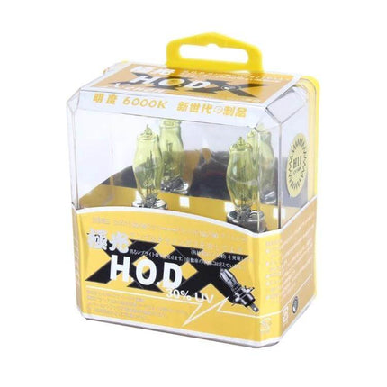 H11 HOD Halogen Bulbs 2-Pack Yellow Light For Car Headlights in clear retail packaging showing two yellow halogen bulbs