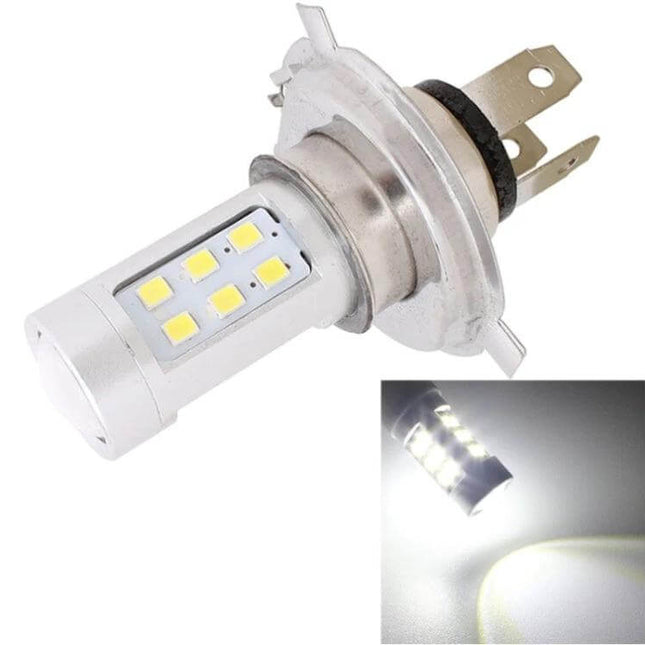 H4 Car Headlight Bulb, 21 LED, Bright White Light For All Cars - plug-and-play LED replacement showing bulb and beam