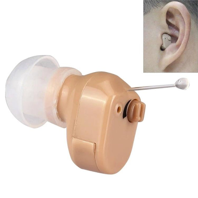 AXON Compact In-Ear Hearing Aid for Everyday Listening discreet skin-tone in-ear hearing aid shown close-up and fitted in ear