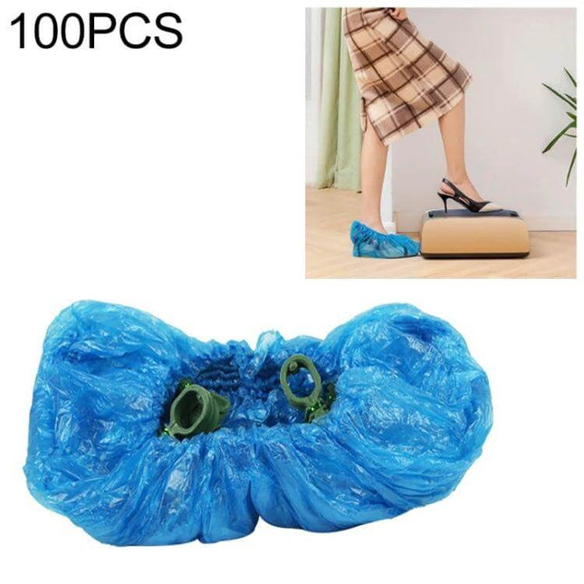 100 Piece Pack of Disposable T-Shaped Shoe Covers for Household Use — blue elastic ankle covers shown on person and close-up