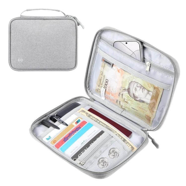 HAWEEL Passport Wallet With Handle For Travel Documents And Cards – gray travel organizer with passport, cards, cash, phone and zip pockets