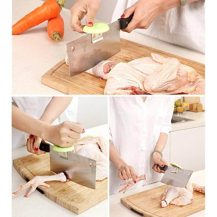 Creative MEIYA Cutting Booster Knife Cap For Safe Hard Food Cutting shown protecting hand while cutting chicken with cleaver