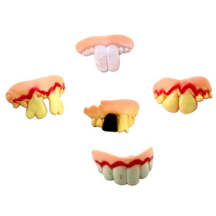 Halloween Bucktooth Dentures 5-Piece Prank Set for Parties PVC novelty teeth set shown in five humorous styles for costumes and parties