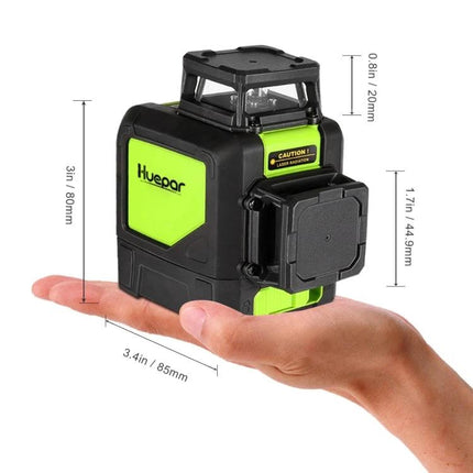 Red Beam 360 Degree Laser Level for Wall and Floor Alignment — compact green-black unit shown on a hand with measurements for wall and floor alignment