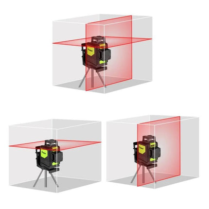 Red Beam 360 Degree Laser Level for Wall and Floor Alignment projecting red horizontal and vertical lines in room for precise wall and floor alignment