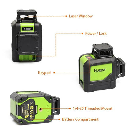 Red Beam 360 Degree Laser Level for Wall and Floor Alignment showing front, side and bottom views with labeled laser window, keypad, mount, and battery compartment