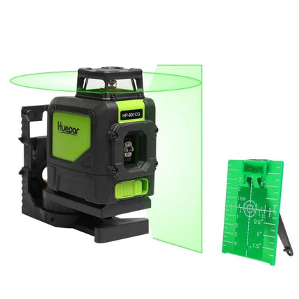 Green Beam Laser Level for 360-Degree Wall and Floor Alignment showing device projecting horizontal and vertical green laser lines with target card
