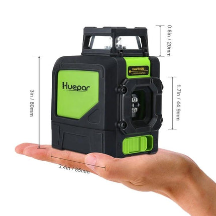 Green Beam Laser Level for 360-Degree Wall and Floor Alignment handheld Huepar unit showing measurements and green beam alignment