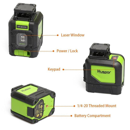 Green Beam Laser Level for 360-Degree Wall and Floor Alignment - compact green 360° laser with keypad, power lock, laser window, battery compartment, threaded mount