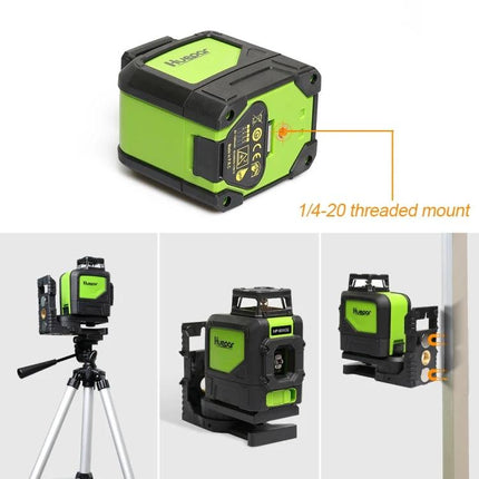 Green Beam Laser Level for 360-Degree Wall and Floor Alignment showing compact green/black unit mounted on tripod and wall for tile, shelf and framing use