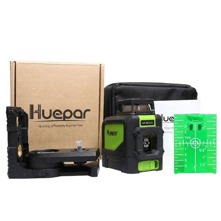 Green Beam Laser Level for 360-Degree Wall and Floor Alignment Huepar kit with mount, target card, carrying case and packaging