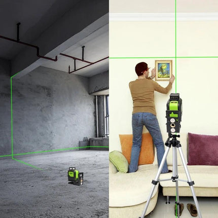Green Beam Laser Level for 360-Degree Wall and Floor Alignment showing green cross lines on wall and floor for hanging picture and tile work