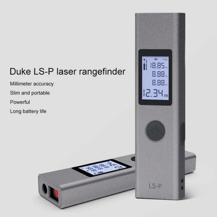Xiaomi Youpin Portable Laser Distance Measurer with 40m Range - compact gray Duke LS-P laser rangefinder showing digital display and buttons